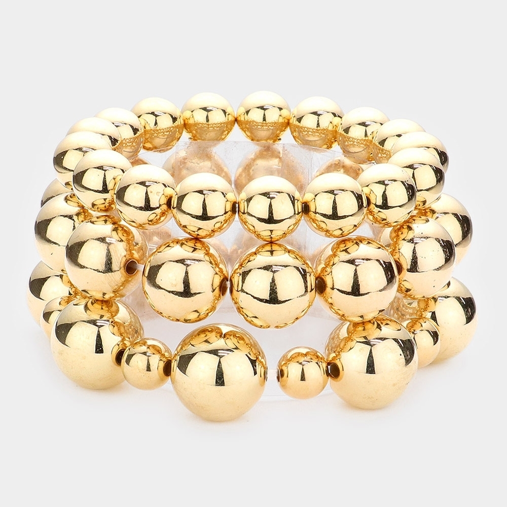 Gold Metal Ball Strand 3 pcs Stacked Stretch Bracelets Statement Accessory